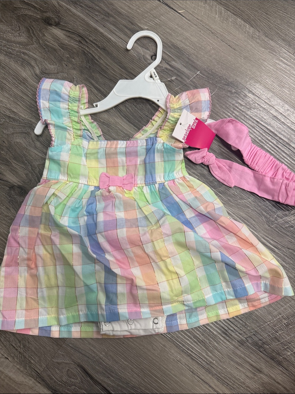 Penelope Mack Pastel Plaid Dress with Pink Bow and Headband